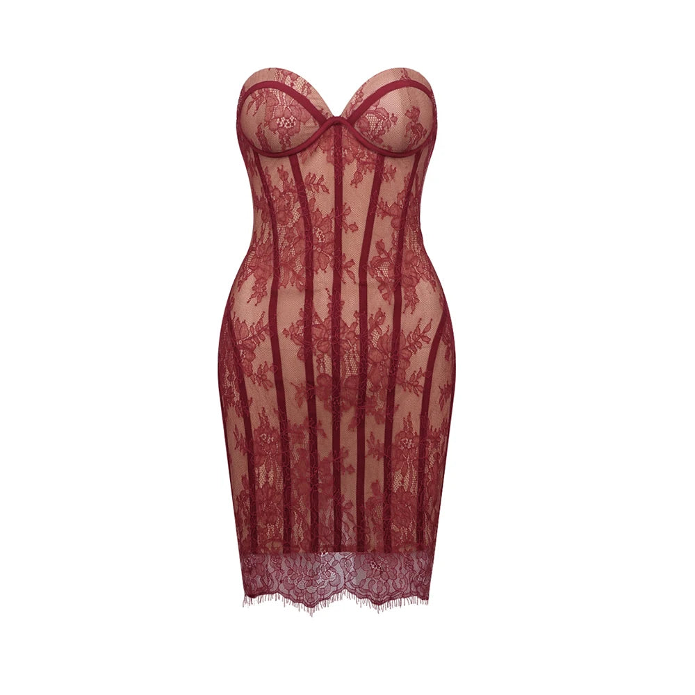 Corset Mini Dress - Floral Lace - Polyester - Wine Red | KIMLUD