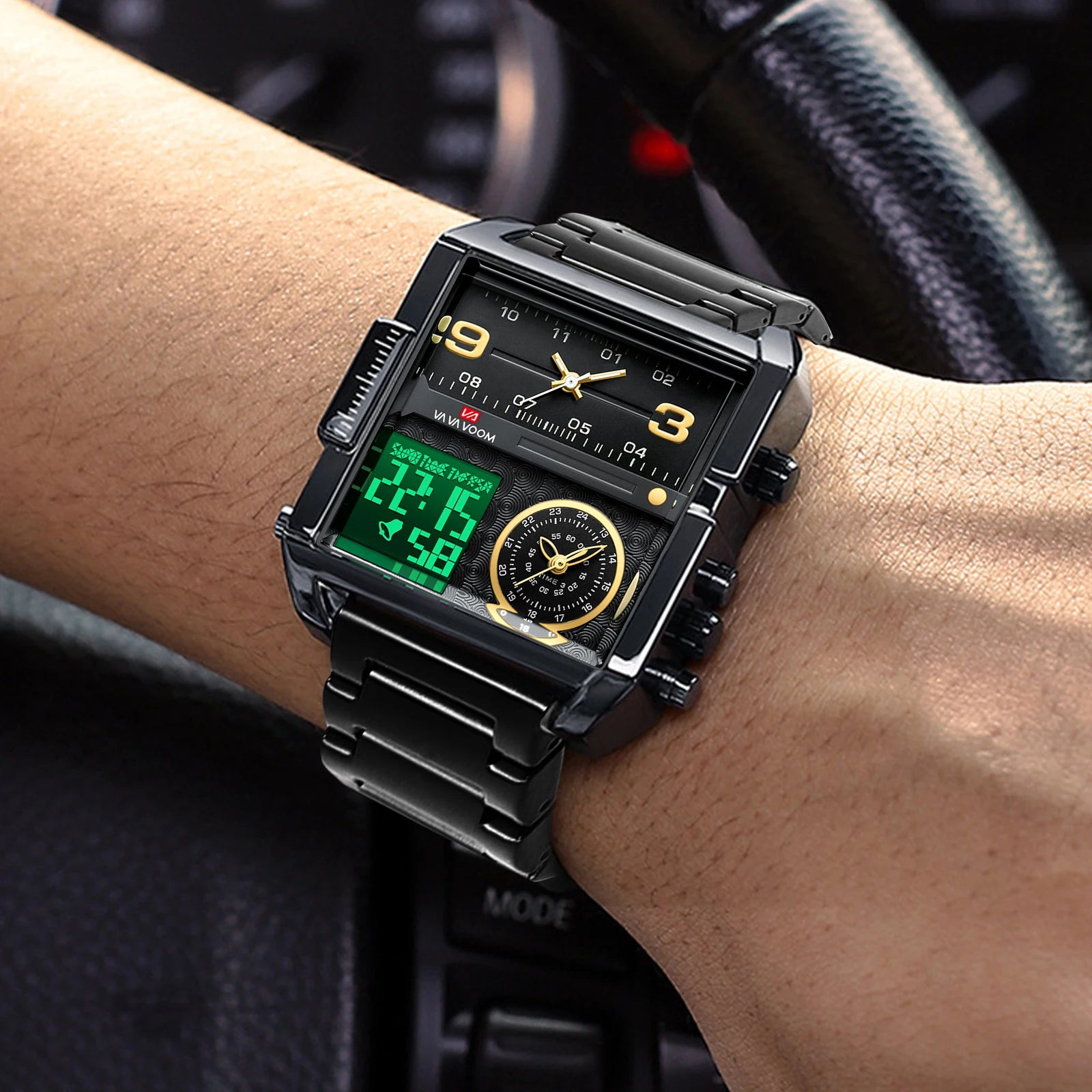 2025 New Men LED Watch Fashion Square Creative Quartz Movement Black Stainless Steel Waterproof Timing Electronic Watch for Men