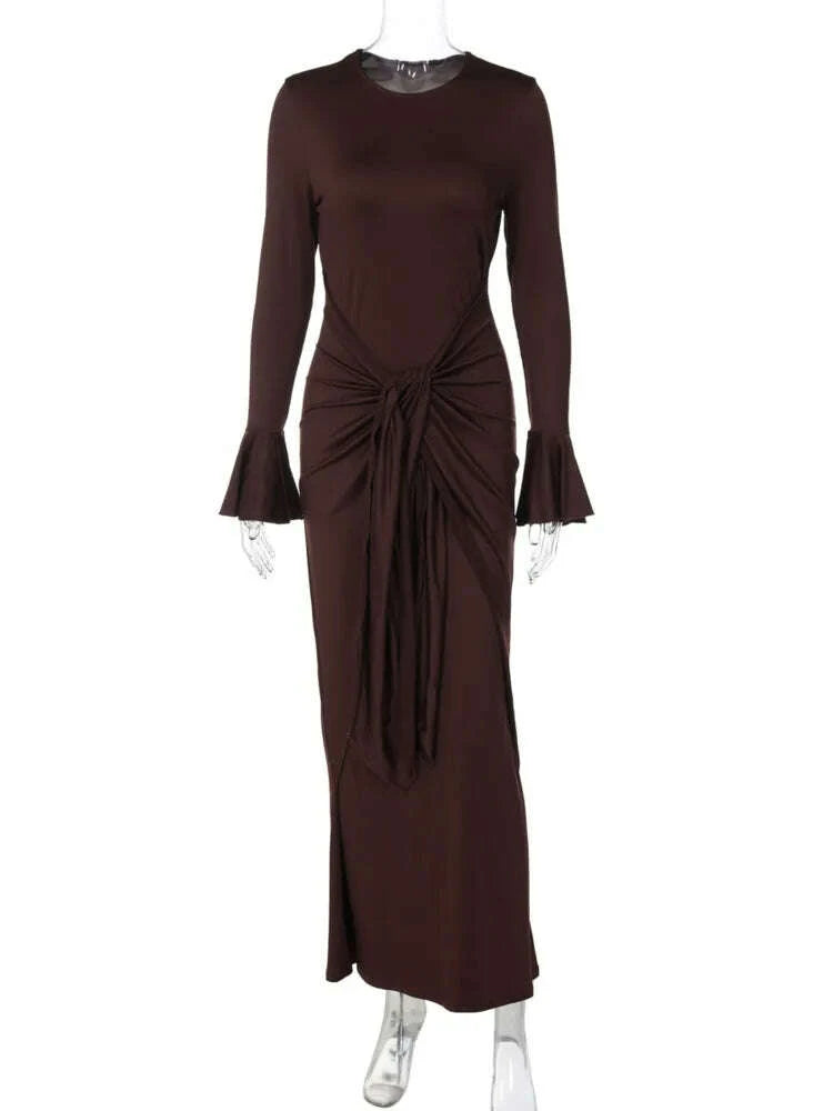 KIMLUD, Mozision Flare Long Sleeve Draped Sexy Maxi Dress Women Gown Elegant O Neck High Waist Bodycon Club Party Long Dresses Female, KIMLUD Womens Clothes