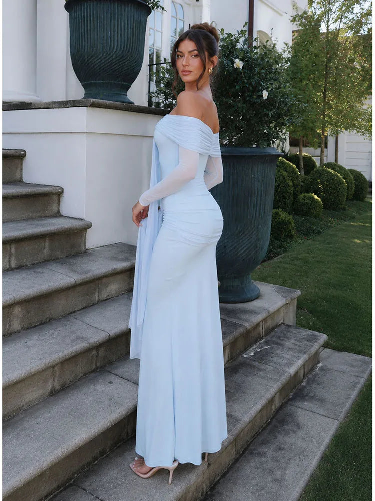 Maxi Dress – Slash Neck Mesh Long Sleeve – Polyester – Light Blue | KIMLUD