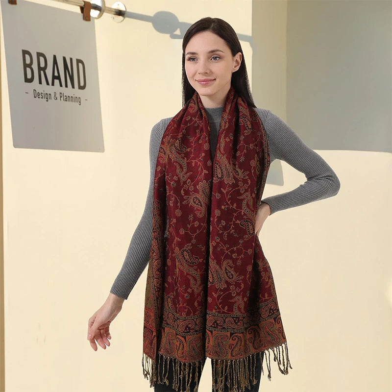 Cashmere Pashmina Shawl With Autumn Print Design, Olive Accents And Gold-Toned Fringe — Red | KIMLUD