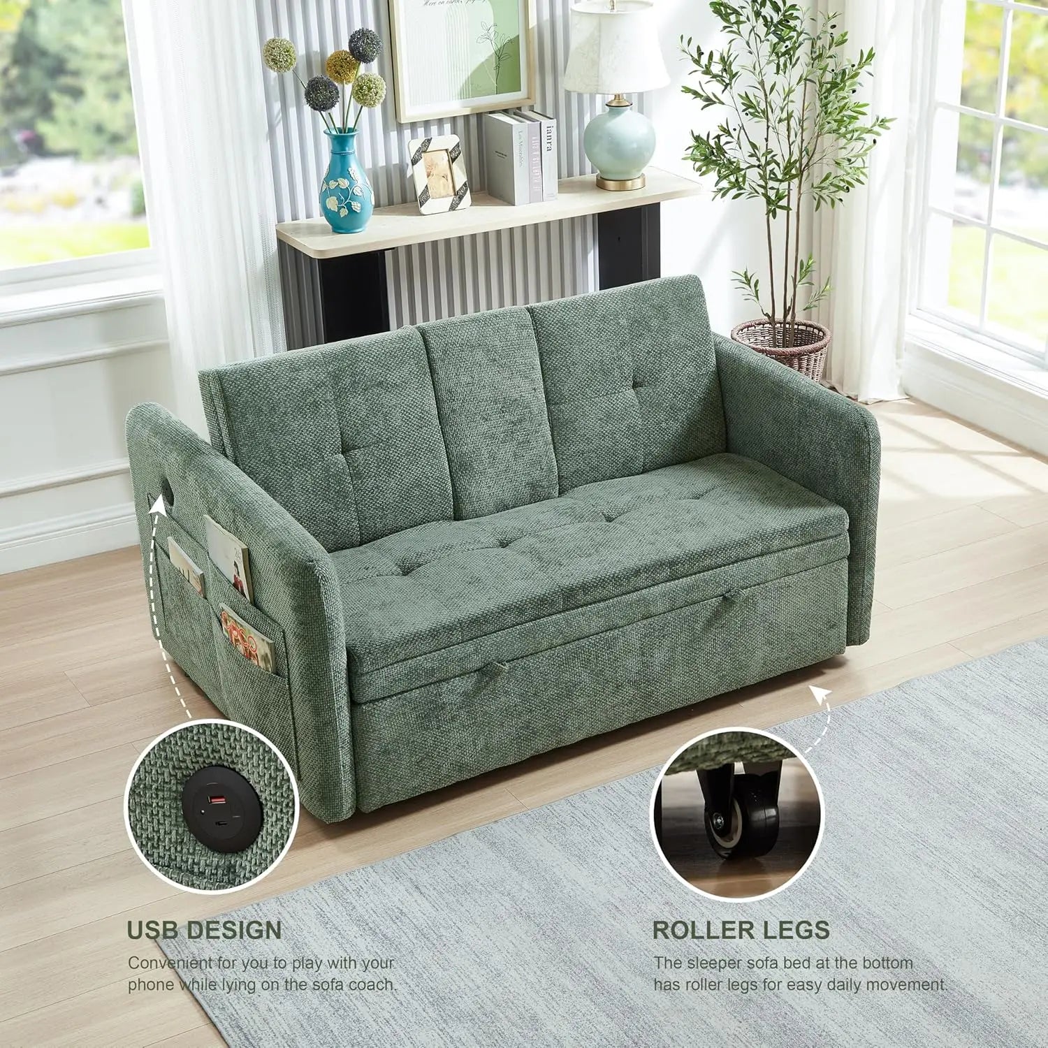 57.48' Convertible Sofa Bed with Cup Holder, Pull Out Sleeper Sofa Bed with USB Charging Ports