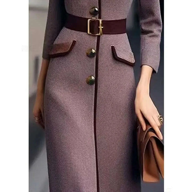 Autumn Winter Elegant Office Lady Woolen Dress Robe Women Lapel Single Breasted Patchwork Dresses Party Long Dress With Brooch