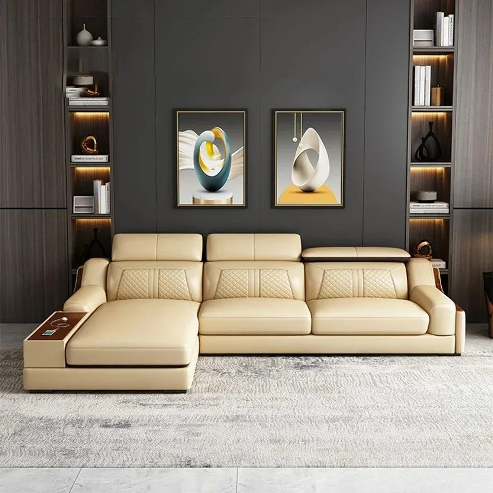 Genuine Italian Leather Sofa L-Shaped With Cup Holders USB Bluetooth — Light Gray | KIMLUD