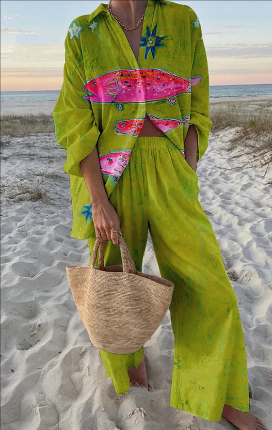 Two-Piece Set – Boho Beach Print – Loose Silhouette | KIMLUD
