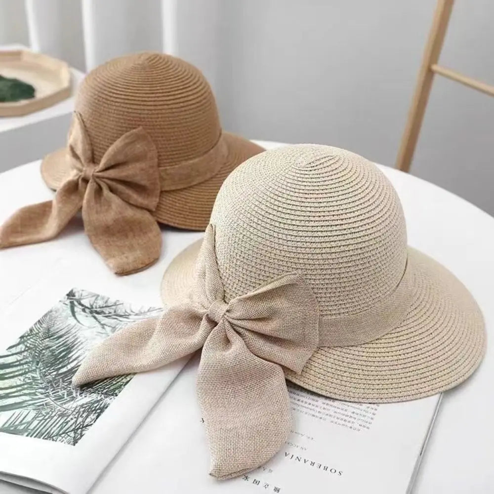 Straw Lightweight Bowknot Panama Hat — Beige | KIMLUD