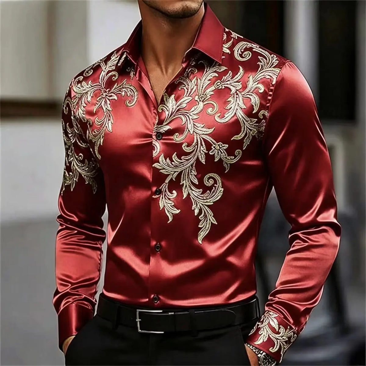 Men's Satin Paisley Print Shirt – Silk Polyester | KIMLUD