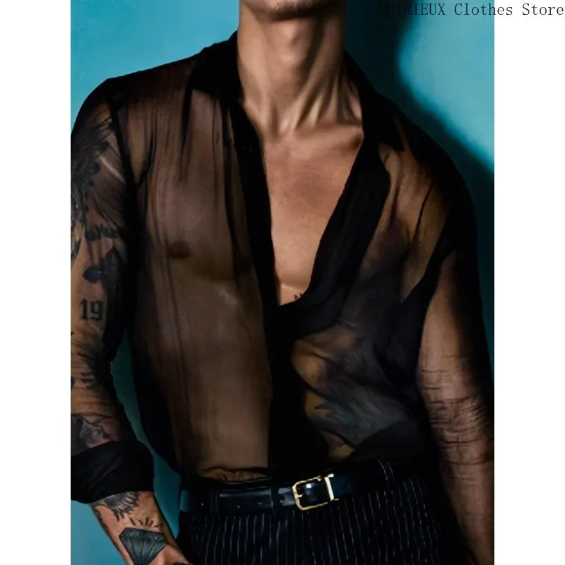 Semi-Sheer Polyester Shirt Breathable — Black | KIMLUD