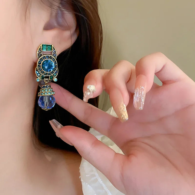Rhinestone Ear Clip Geometric Water Drop Earrings — Blue | KIMLUD