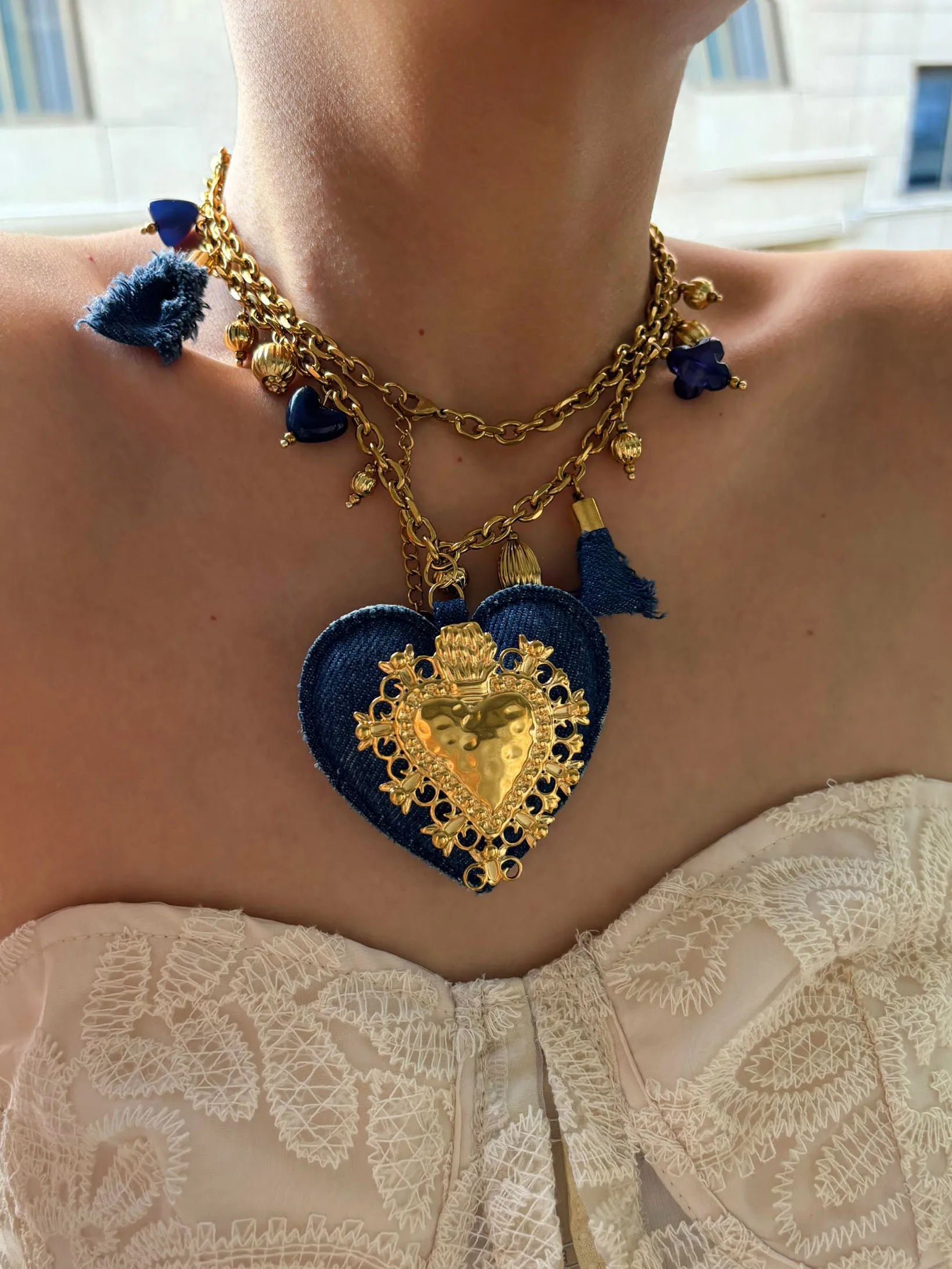 Heart Tassel Acrylic Pendant Necklaces Chain — Blue Denim | KIMLUD