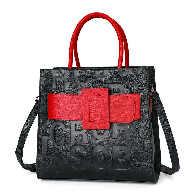 KIMLUD, Aidrani Fashionable women's large capacity handbag with letter print design, made of cowhide material, square, black, KIMLUD Womens Clothes