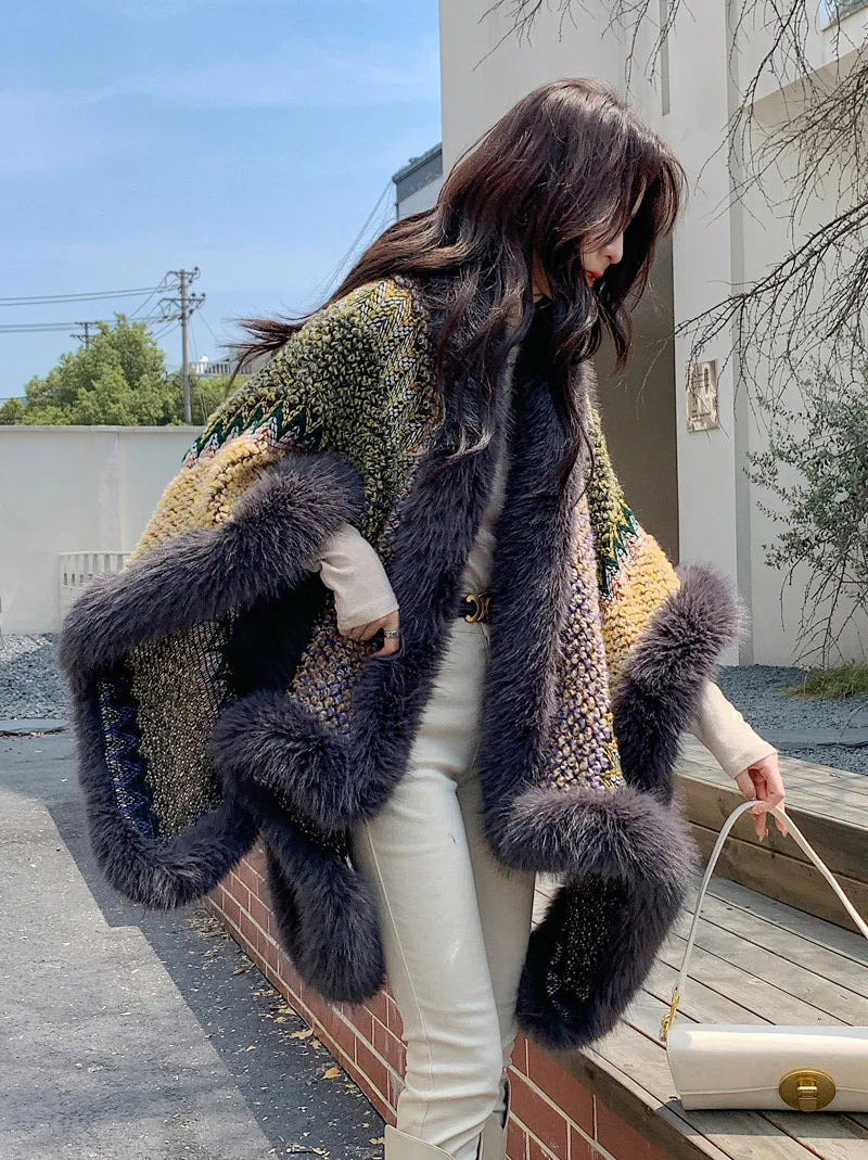Cape – Faux Fox Fur Trim – Knit Silhouette – Colorful | KIMLUD