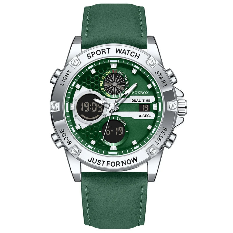 FOXBOX Fashion Men's Luxury Watch Leather Strap Quartz Watches Business Dual Display Waterproof Date Chronograph Man Watch+Box
