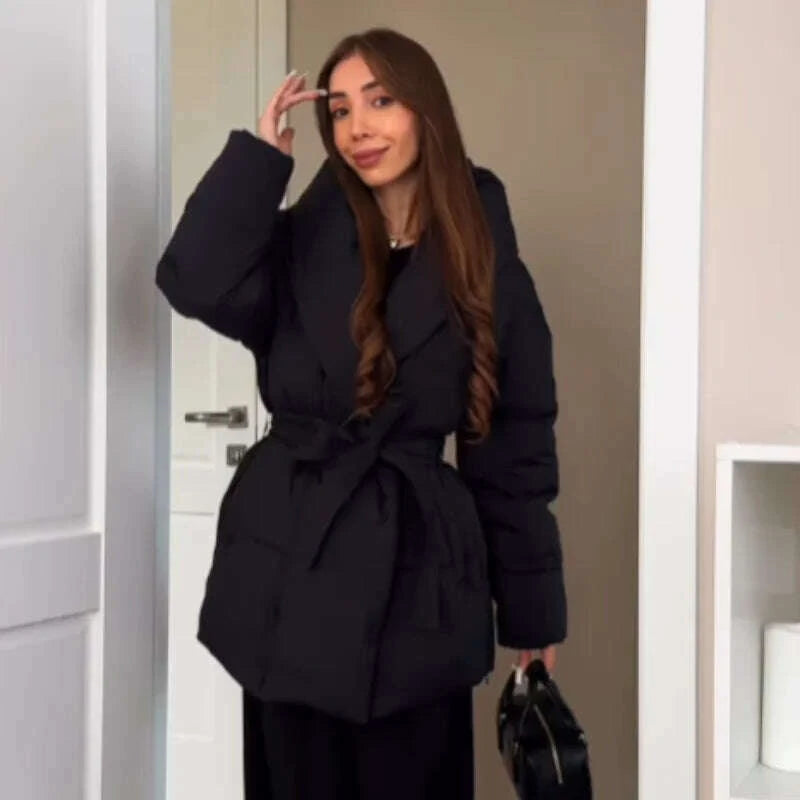 Warm Women's Puffy Quilted Hooded Long Cotton Coat Loose Solid Stand Collar Lace Up Zipper Overcoats 2025 Winter Lady Outwear