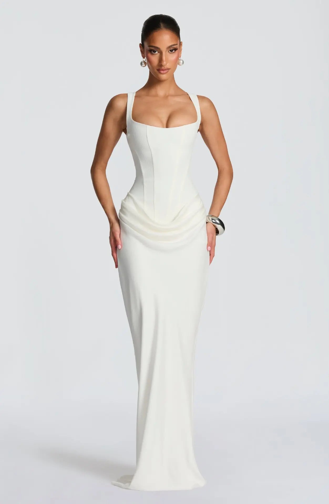 Women's casual long sleeved slim fit fishbone pure desire suspender jumpsuit long skirt slim fit solid color hip hugging dress