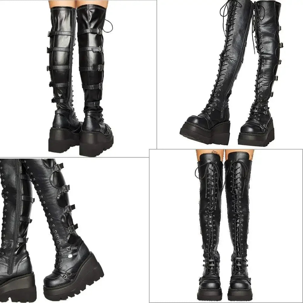 Over-the-Knee Boots – Gothic Wedge Platform – PU | KIMLUD
