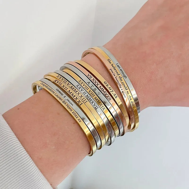 Engraved Cuff Bracelet Numeral Name — Gold | KIMLUD