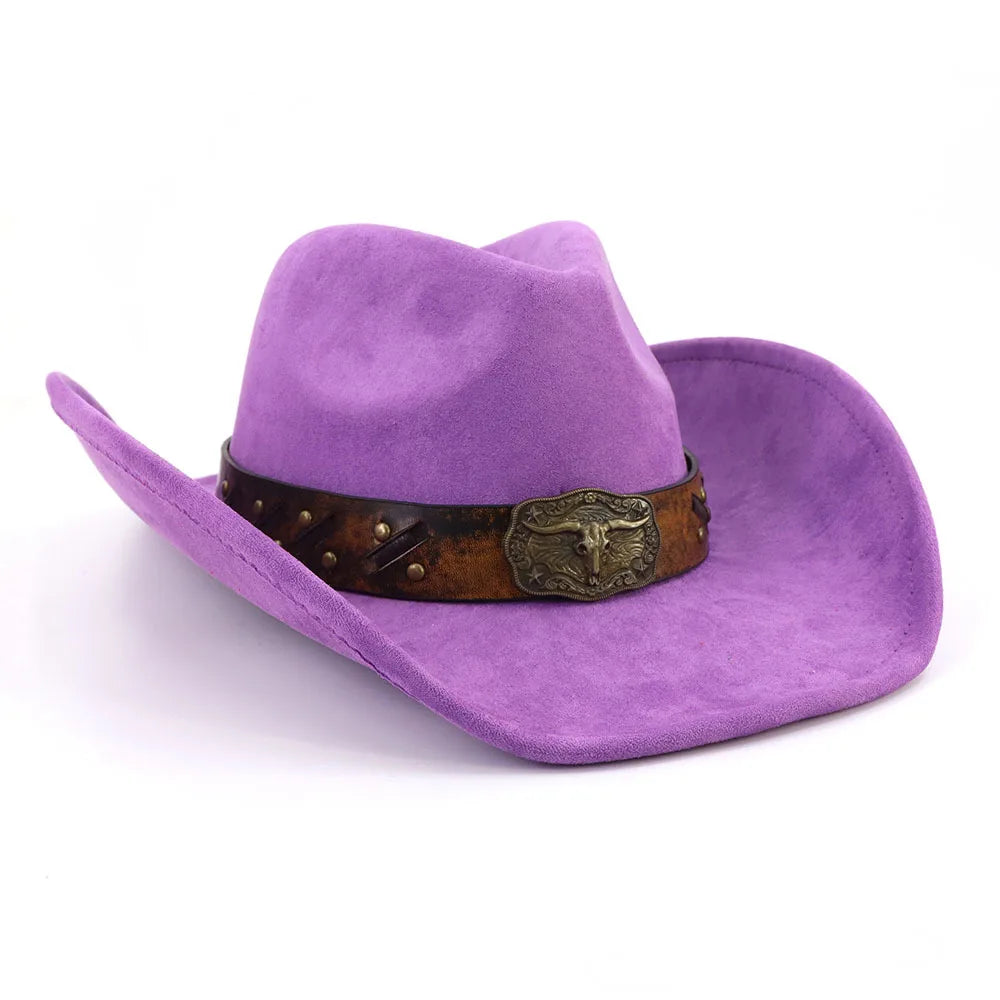Leather Band Suede Cowboy Hat Big Brim Bull's Head — Brown | KIMLUD