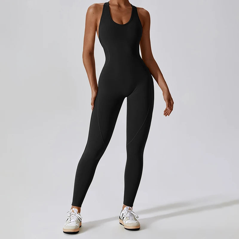 Nylon Tracksuit Jumpsuit Bodysuit — Athletic One-Piece Yoga Set — Black | KIMLUD
