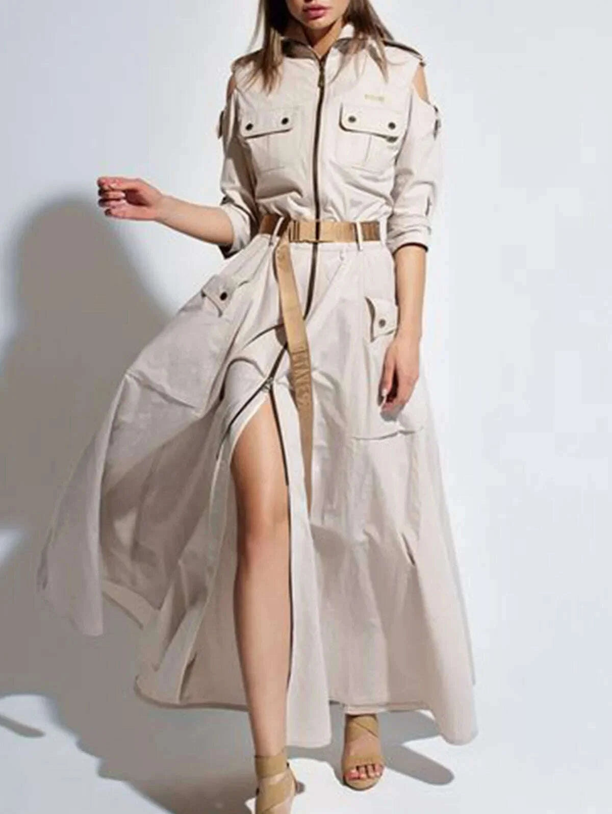 KIMLUD, Retro Maxi Shirt Dress Women 2025 Turndown Neck Half Sleeve Zipper Belt Pockets Long Dress Ladies Streetwear Women Clothes, KIMLUD Womens Clothes