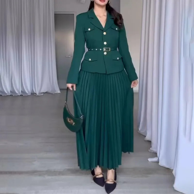 Elegant Women Two Pieces Set Single-breasted Lapel Jacket Coat Belt Pleated Midi Skirt Suit 2025 office Lady New In Matching Set