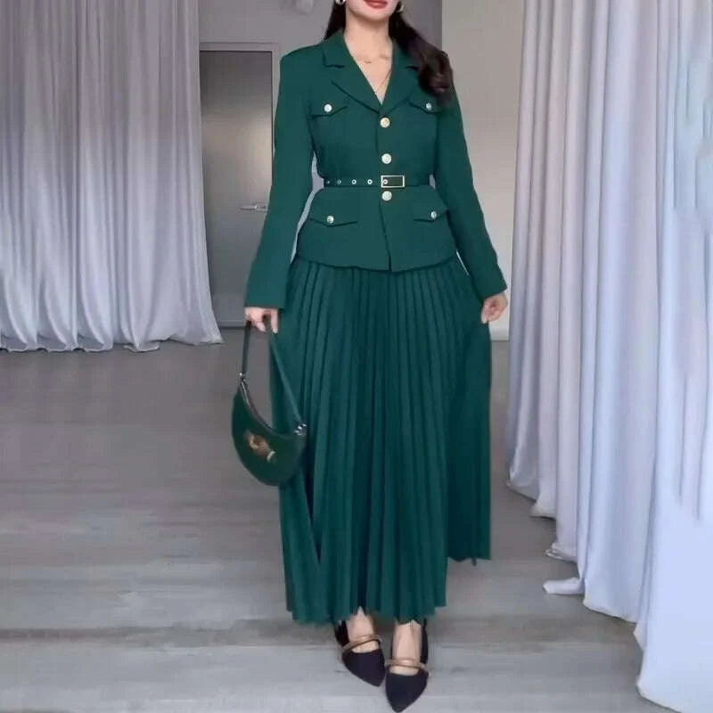 KIMLUD, Elegant Women Two Pieces Set Single-breasted Lapel Jacket Coat Belt Pleated Midi Skirt Suit 2025 office Lady New In Matching Set, KIMLUD Womens Clothes