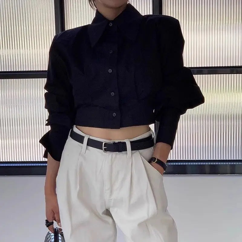 Polyester Blouse Turn-Down Collar Long Sleeve — White | KIMLUD