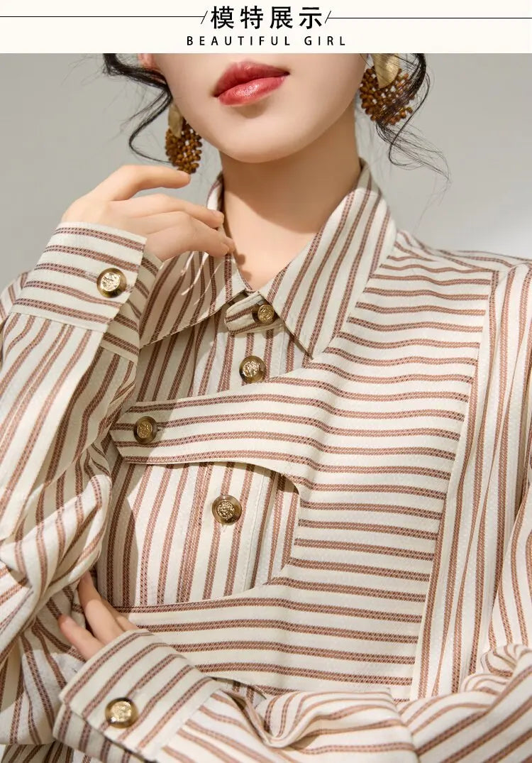 Lapel Blouse Cotton Blend — Brown Striped | KIMLUD