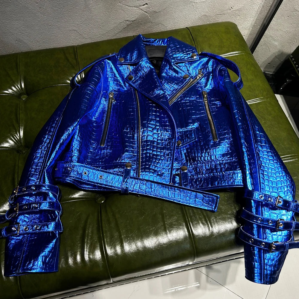 Shiny Blue Women Leather Jacket Real Lambskin Leather Cloth Streetwear Leather Jackets