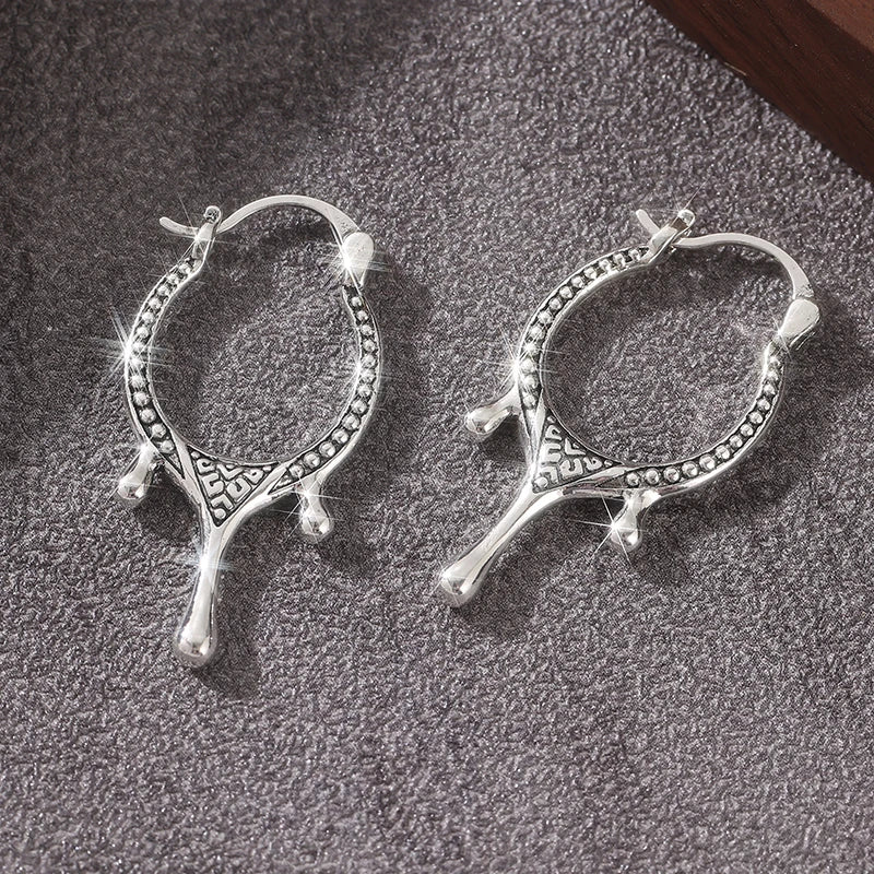 Vintage Handmade Pattern Silvery Plated Irregular Hoop Earrings Women's Fashion Personalized Banquet Festival Jewelry Accessory