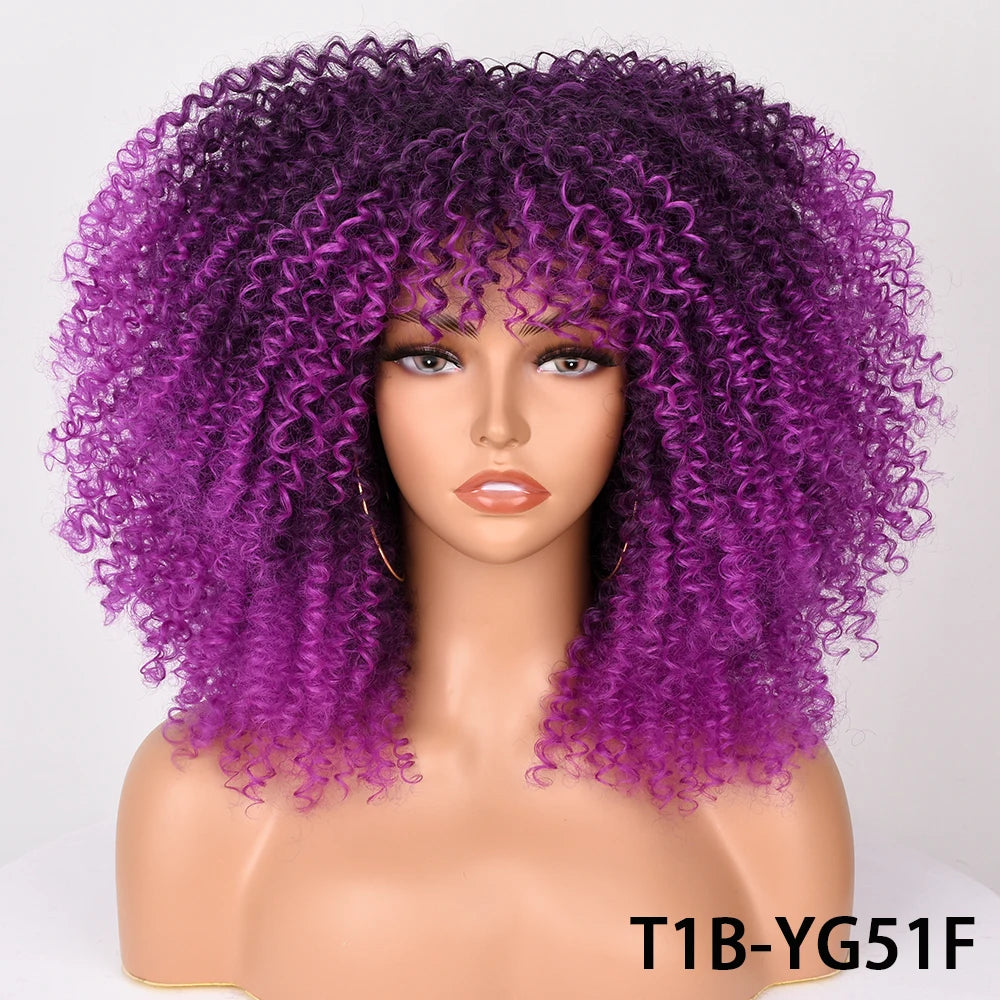 Afro Kinky Curly Hair Wigs With Bangs — Natural Brown Mixed | KIMLUD