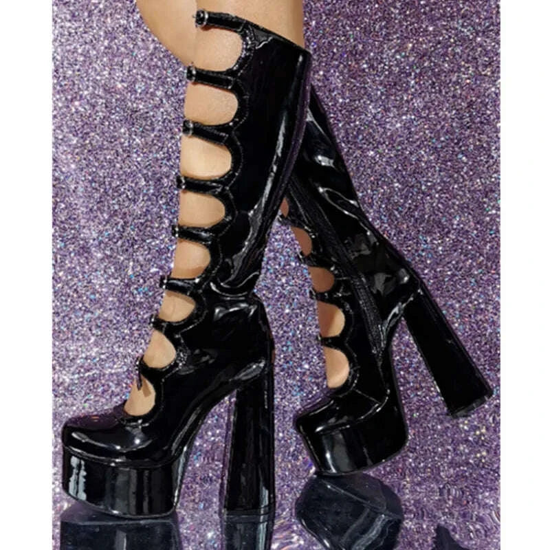 KIMLUD, Lolita Girls Women's High BootsCosplay Halloween Rivet Hollow-out Thick Bottom Long Boots Women Heel Height 6CM Platform Shoes, KIMLUD Womens Clothes