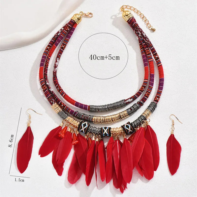 Fashion Vintage Ethnic Feather Choker Necklace Earrings Set For Women Multilayer Nekclace Earrings Jewelry Sets