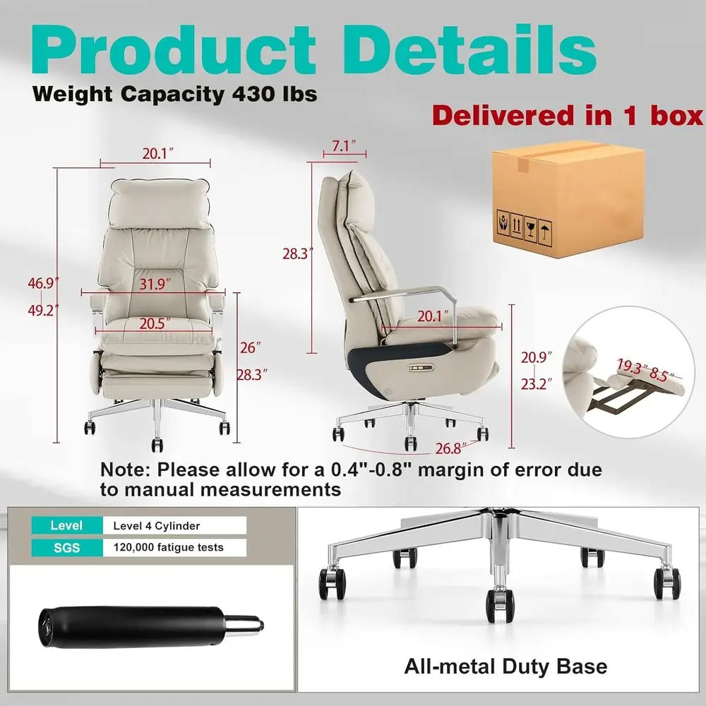 Executive Dual Motor Reclining Chair with Footrest, Massage & Pillow Support, Ergonomic PU Leather Desk Chair for Big and Tall,