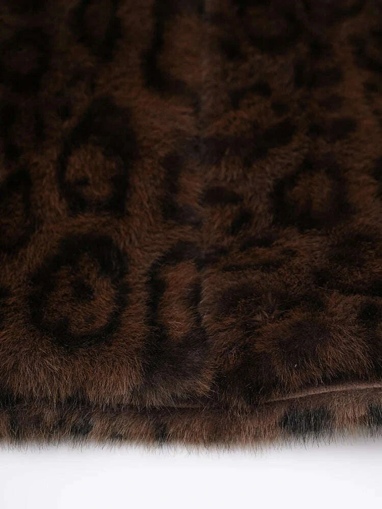 KIMLUD, ZMEENNA Brown Leoppard Print Big Size Long Faux Fur Jacket New Lapel Long Sleeve Women Coat Fashion Autumn Winter 2024 ZM593, KIMLUD Womens Clothes