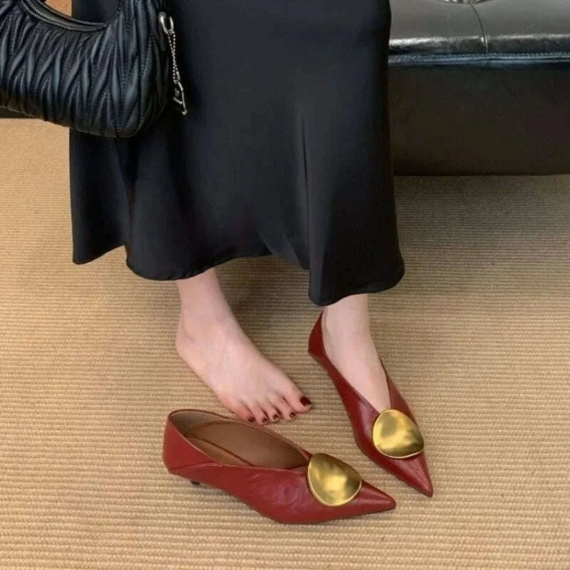 KIMLUD, 2025All-match Gold Pointed-toe Metal Buckle Single Shoes Women Wear Light-heeled Small Leather Shoes Twice in Summer, KIMLUD Womens Clothes