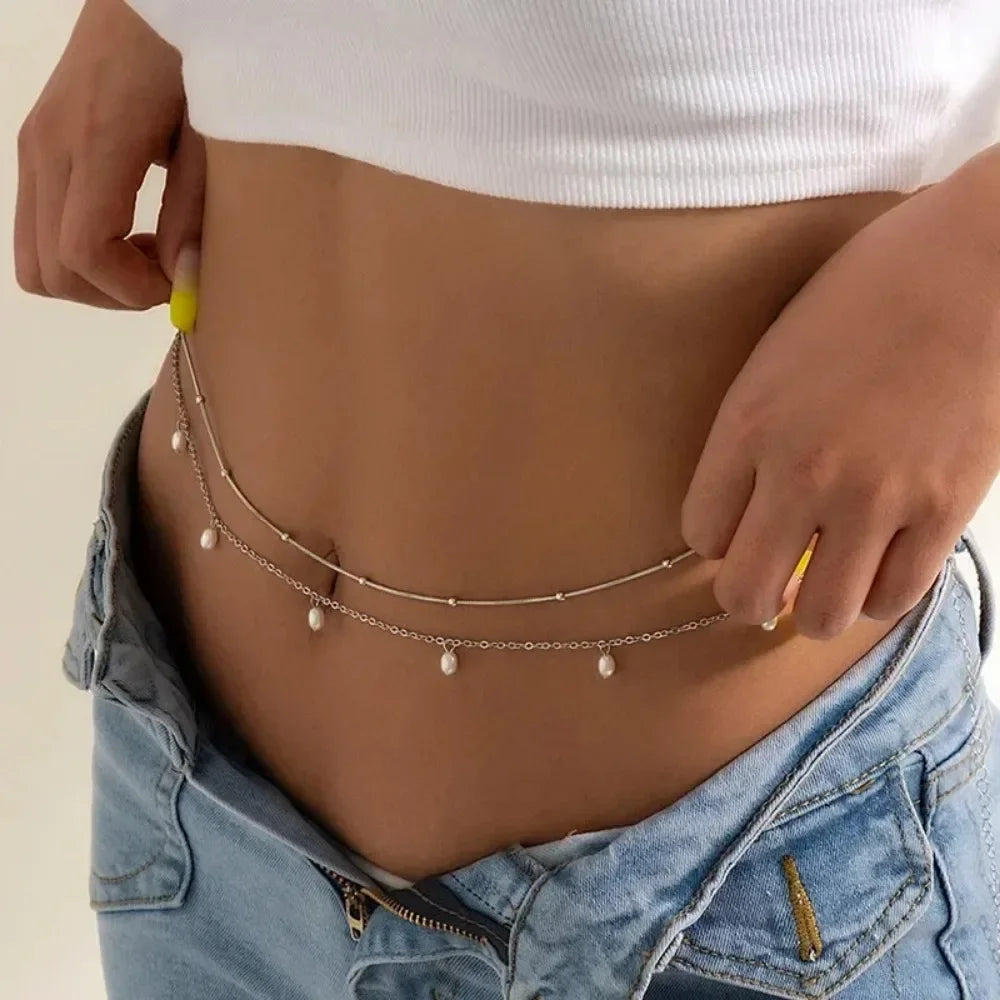 Gold-Tone Double-Layer Crystal Bead Waist Chain — Pastel Multicolor | KIMLUD
