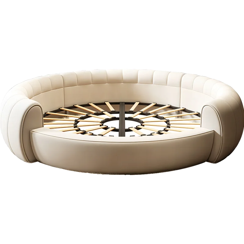 Ivory-Cream Upholstered Round Bed Built-In Backrest — Ivory-Cream | KIMLUD