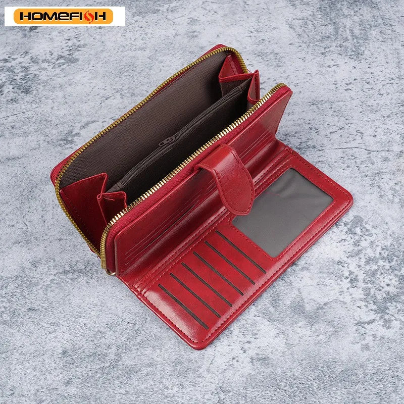 HOMEFISH Vintage Oil Wax PU Leather Clutch Wallet Large Capacity Phone Purse Ladies Wristband Simple Card Holder Pouch Bag