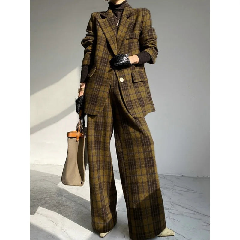 Woolen Blend Jacket Plaid Notch Collar Long Sleeve — Charcoal | KIMLUD