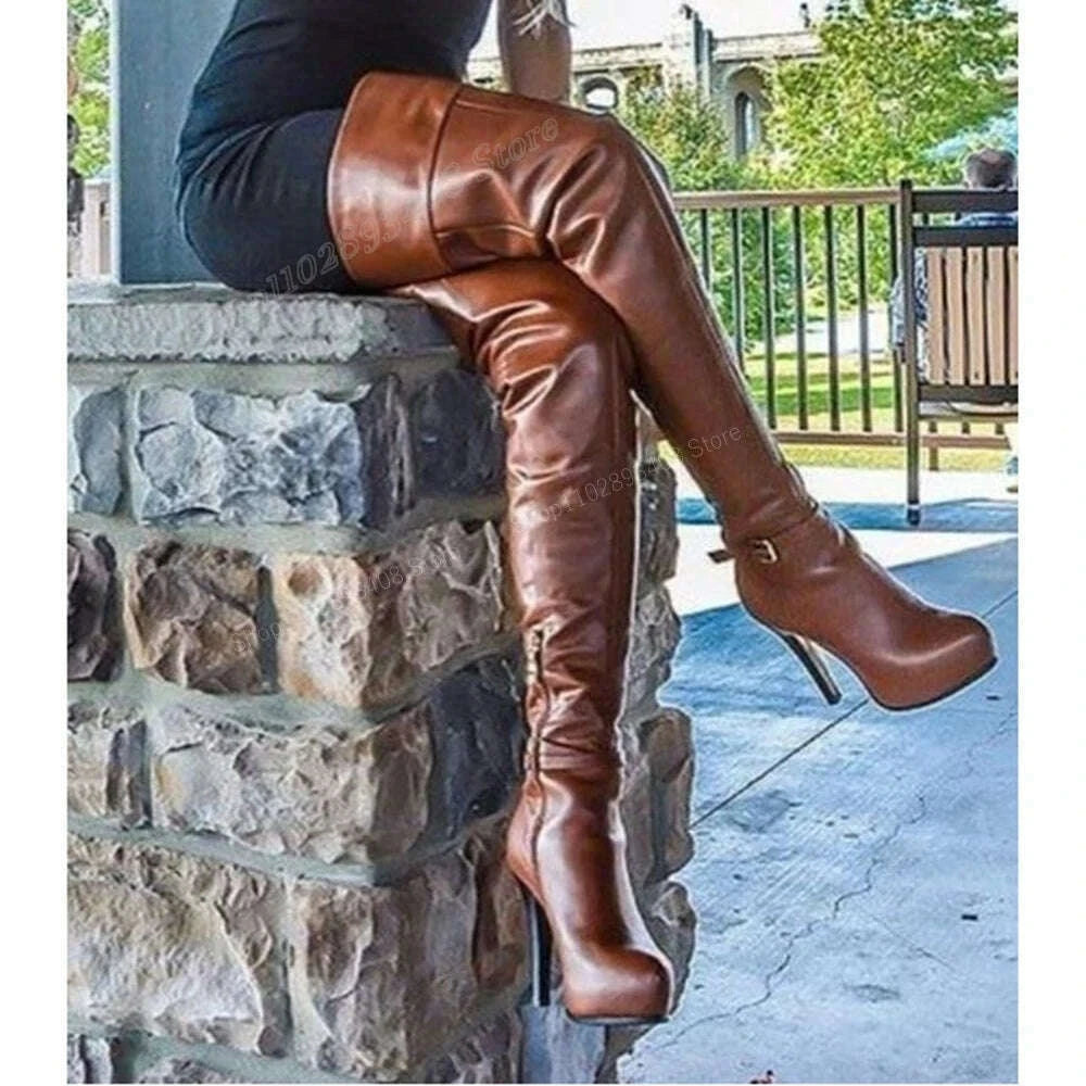 Brown Matte Leather Platform Over the Knee Boots Buckle Belts Thin Hig