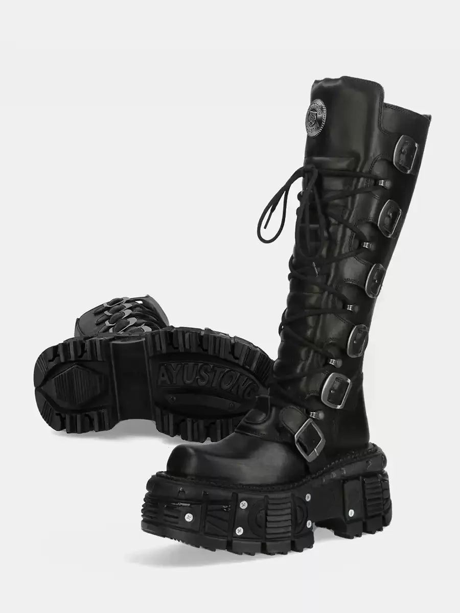Belt Buckle Motorcycle Boots Knee High Rock Punk Round Toe Thick Bottom Leather Solid Color Fashion Sexy Women Shoes New