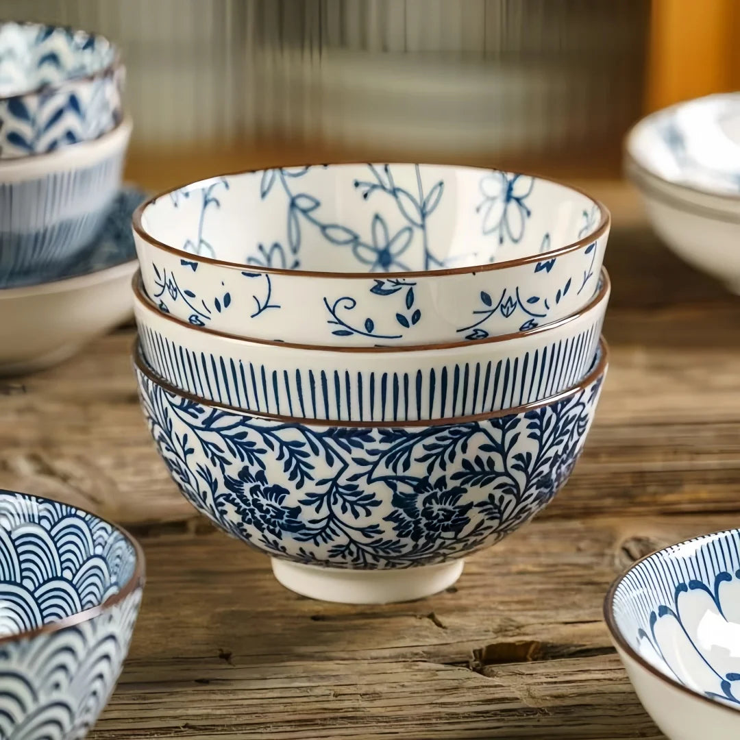 Hand Painted Ceramic Rice Bowl 4.5 Inch With Retro Rim And Japanese Motif — Blue And White | KIMLUD