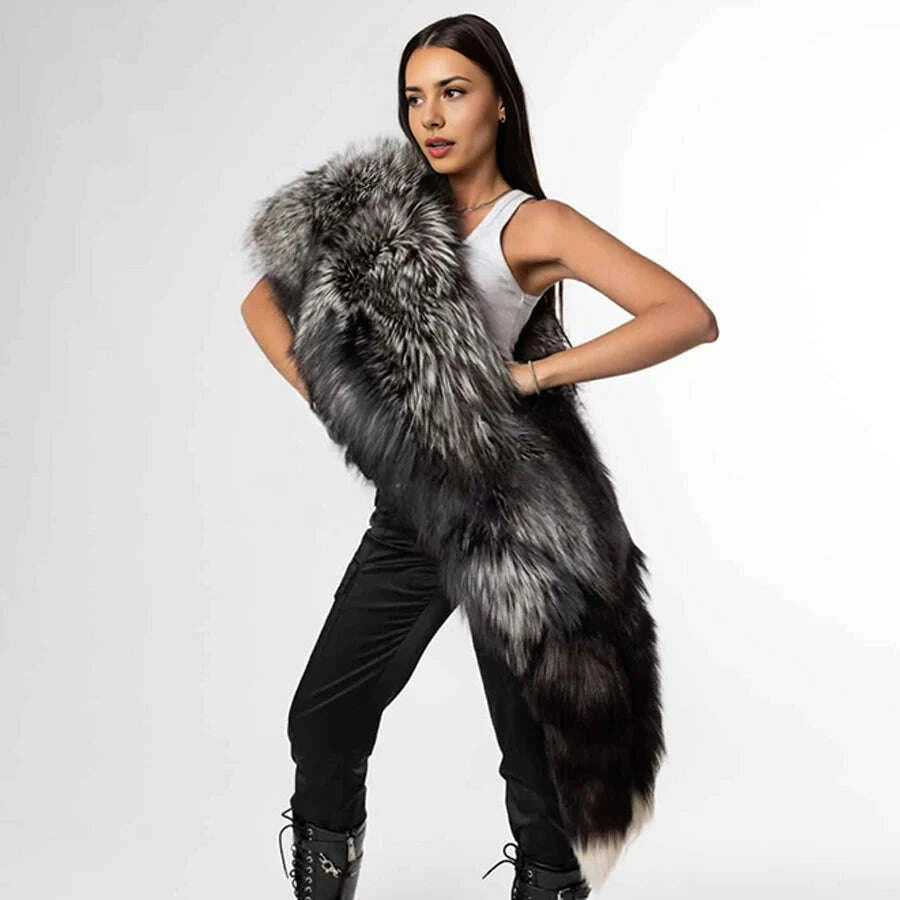KIMLUD, Real Silver Fox Fur Coat For Women Real Long Fox Fur Cape With Tails Real Fox Fur Shawl Best Selling Natural Fur Jacket, KIMLUD Womens Clothes