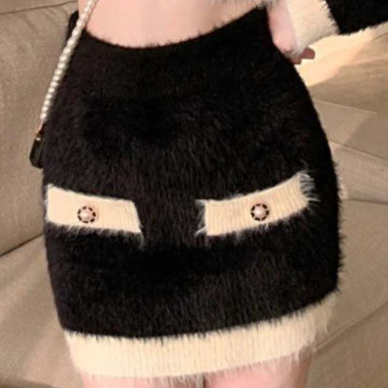 KIMLUD, Winter Fluffy Knit 2 Piece Set Women Patchwork French Vintage Mini Skirt Suit Female Korean Fashion Elegant Office Lady Set 2024, KIMLUD Womens Clothes