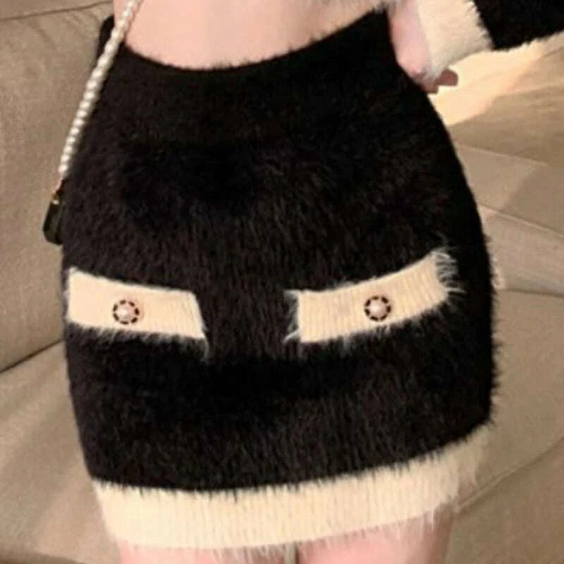 KIMLUD, Winter Fluffy Knit 2 Piece Set Women Patchwork French Vintage Mini Skirt Suit Female Korean Fashion Elegant Office Lady Set 2024, KIMLUD Womens Clothes
