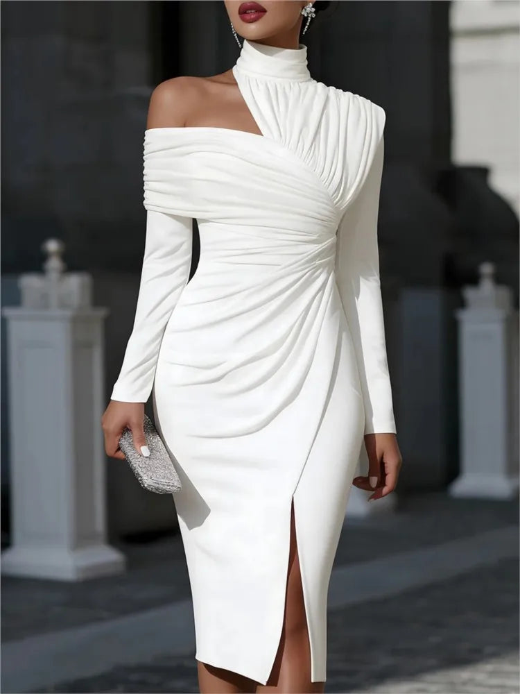 Off-Shoulder Pleated Banquet Dress With Half-High Collar Slit Long Sleeves — Black | KIMLUD