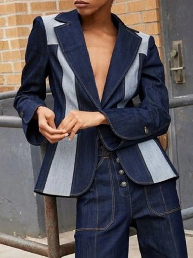 Missuoo 2024 Fall Fashon Contrast Color Blazer Jackets for Urban Women Deep V-neck Long Sleeves Loose Fit Coats Streetwear Tops