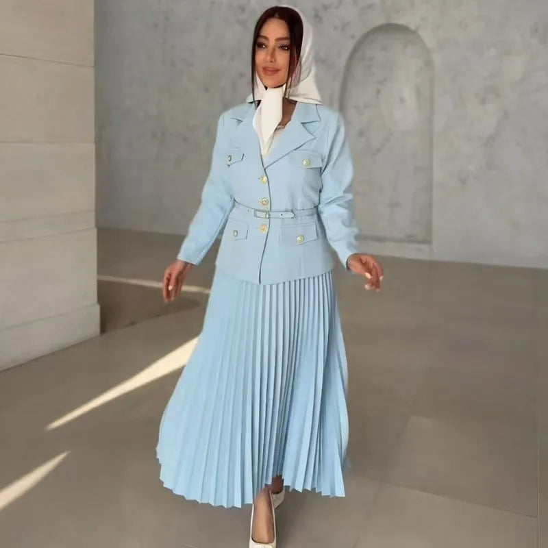 Elegant Women Two Pieces Set Single-breasted Lapel Jacket Coat Belt Pleated Midi Skirt Suit 2025 office Lady New In Matching Set