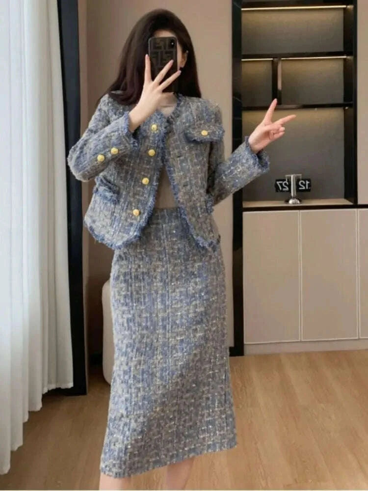 KIMLUD, 2025 Spring Autumn New Tweed Suit Skirt Women's Fashion Loose Sweet Single-Breasted Casual Chic Jacket Two-Piece Sets, KIMLUD Womens Clothes